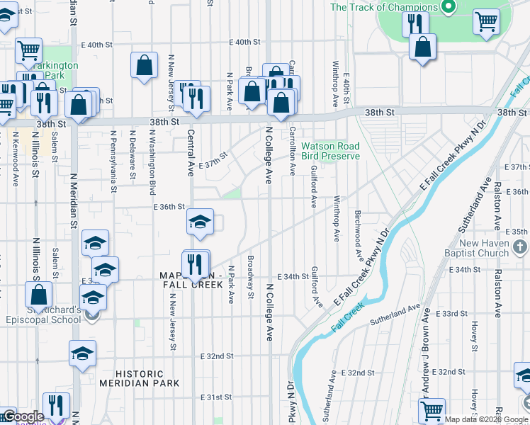 map of restaurants, bars, coffee shops, grocery stores, and more near 3534 North College Avenue in Indianapolis