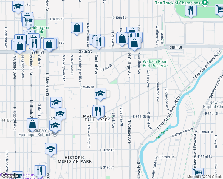 map of restaurants, bars, coffee shops, grocery stores, and more near 539 Central Court North in Indianapolis