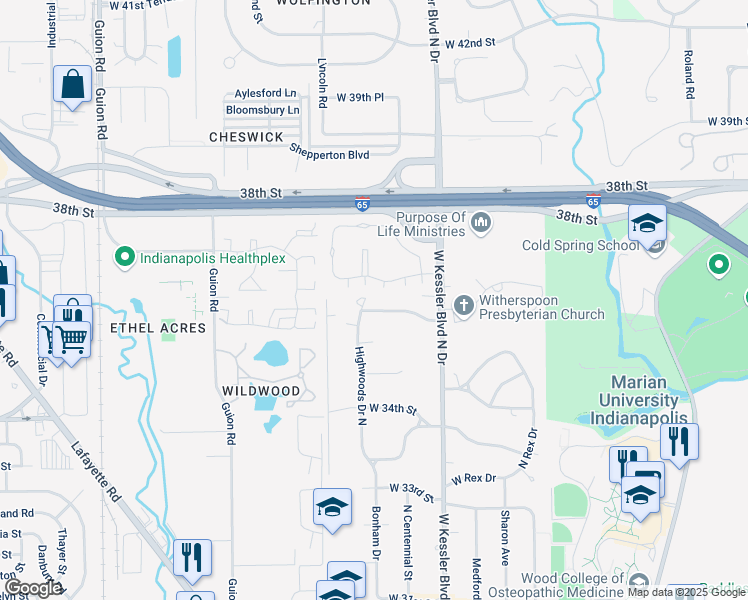 map of restaurants, bars, coffee shops, grocery stores, and more near 3230 Arundel Lane in Indianapolis
