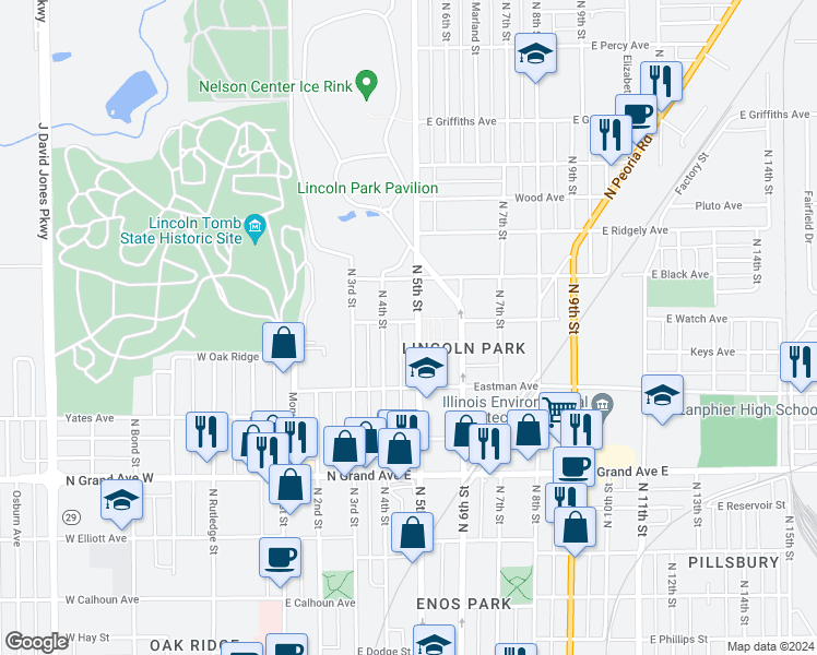 map of restaurants, bars, coffee shops, grocery stores, and more near 1400-1498 N 5th St in Springfield