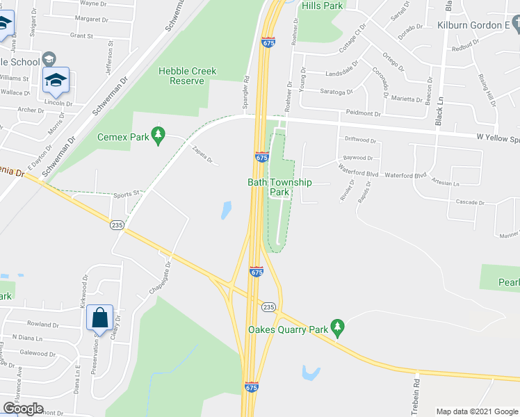map of restaurants, bars, coffee shops, grocery stores, and more near Interstate 675 in Fairborn