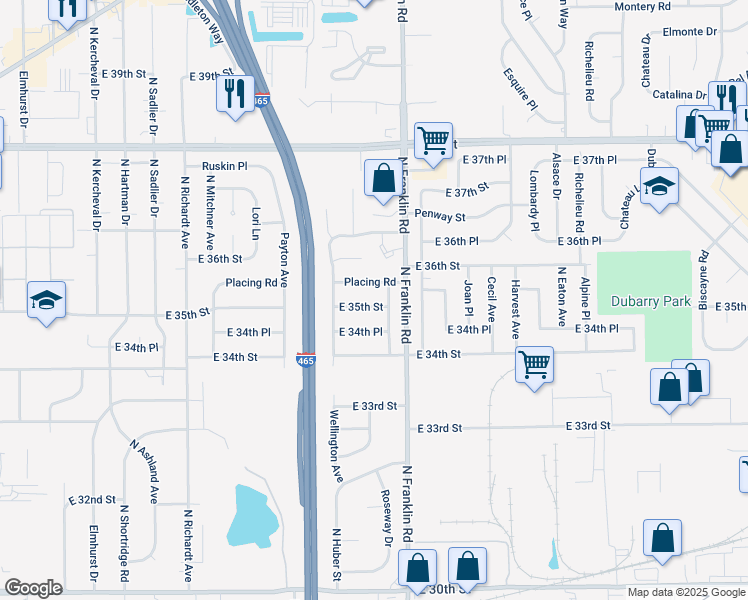 map of restaurants, bars, coffee shops, grocery stores, and more near 7926 East 35th Street in Indianapolis