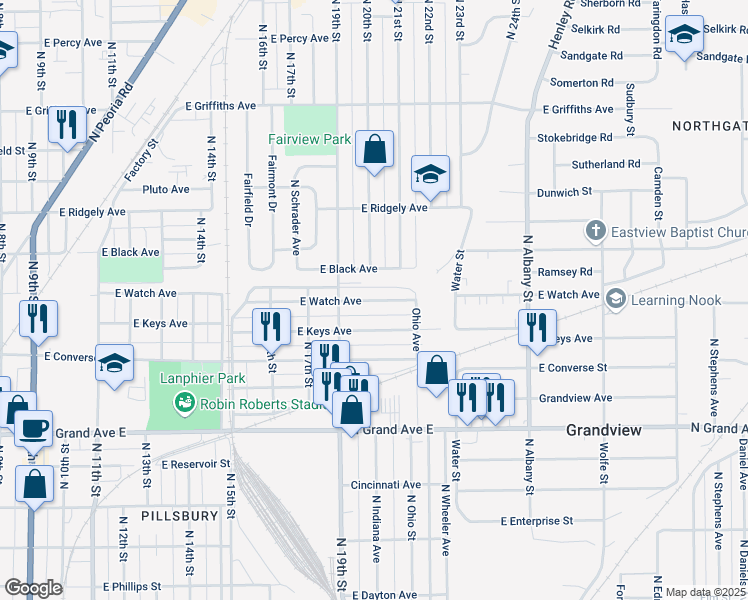 map of restaurants, bars, coffee shops, grocery stores, and more near 1800-1998 East Watch Avenue in Springfield