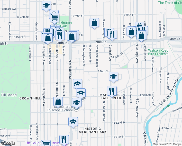 map of restaurants, bars, coffee shops, grocery stores, and more near 3550 North Washington Boulevard in Indianapolis