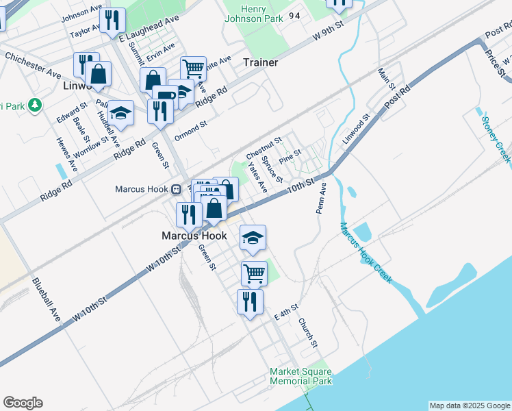 map of restaurants, bars, coffee shops, grocery stores, and more near 203 East 10th Street in Marcus Hook