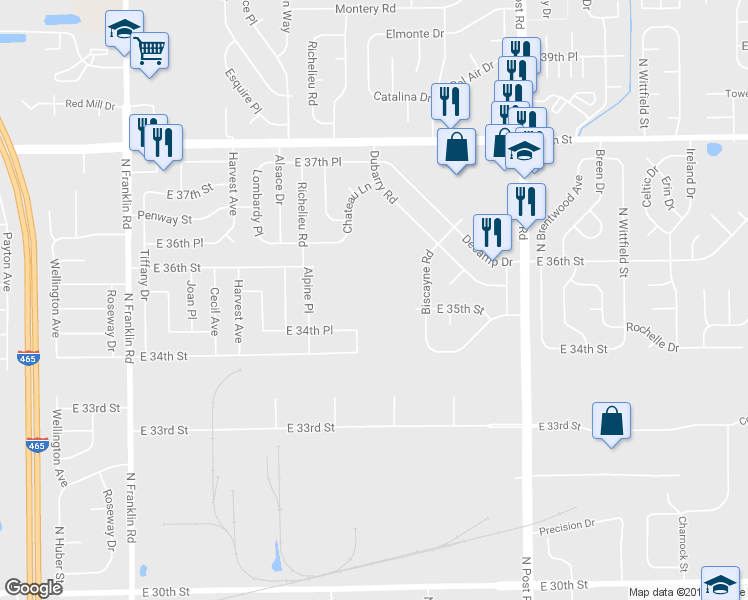 map of restaurants, bars, coffee shops, grocery stores, and more near 3698 Dubarry Road in Indianapolis