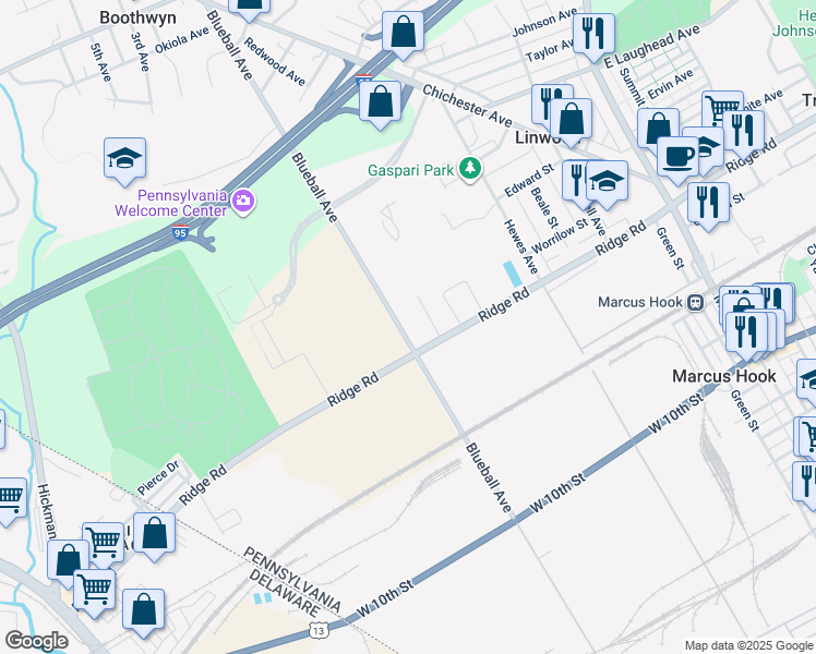 map of restaurants, bars, coffee shops, grocery stores, and more near 1429 Blueball Avenue in Linwood