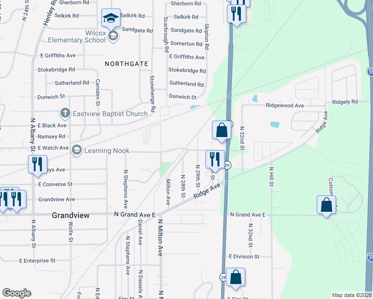 map of restaurants, bars, coffee shops, grocery stores, and more near 2798 East Keys Avenue in Grandview