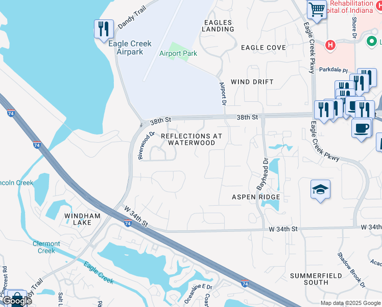 map of restaurants, bars, coffee shops, grocery stores, and more near 3640 Reflections Lane in Indianapolis