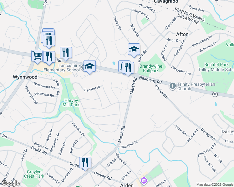 map of restaurants, bars, coffee shops, grocery stores, and more near 4 Rector Court in Wilmington
