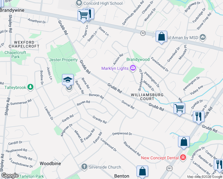 map of restaurants, bars, coffee shops, grocery stores, and more near 2421 Dorval Road in Wilmington