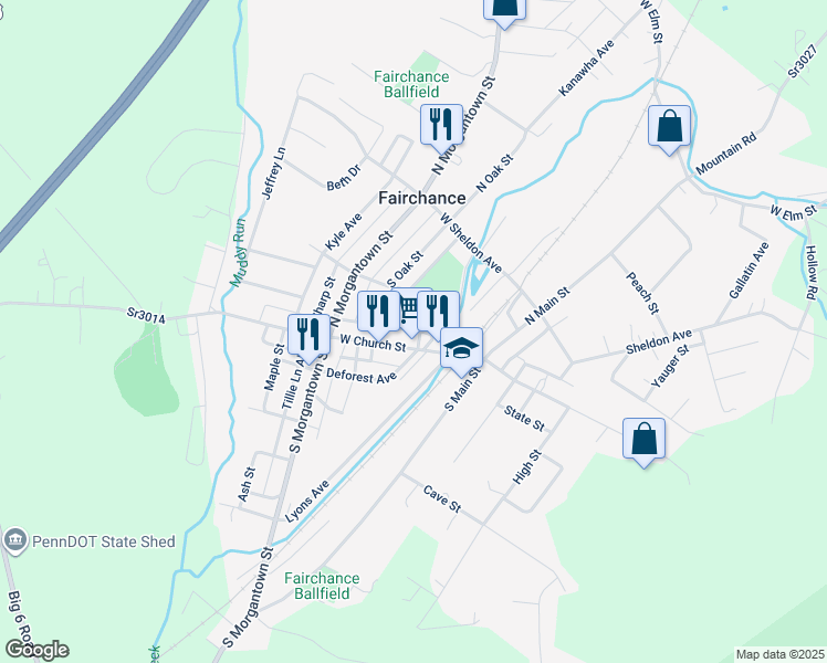 map of restaurants, bars, coffee shops, grocery stores, and more near 58 West Church Street in Fairchance