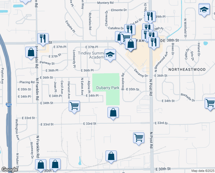 map of restaurants, bars, coffee shops, grocery stores, and more near 3698 Dubarry Road in Indianapolis