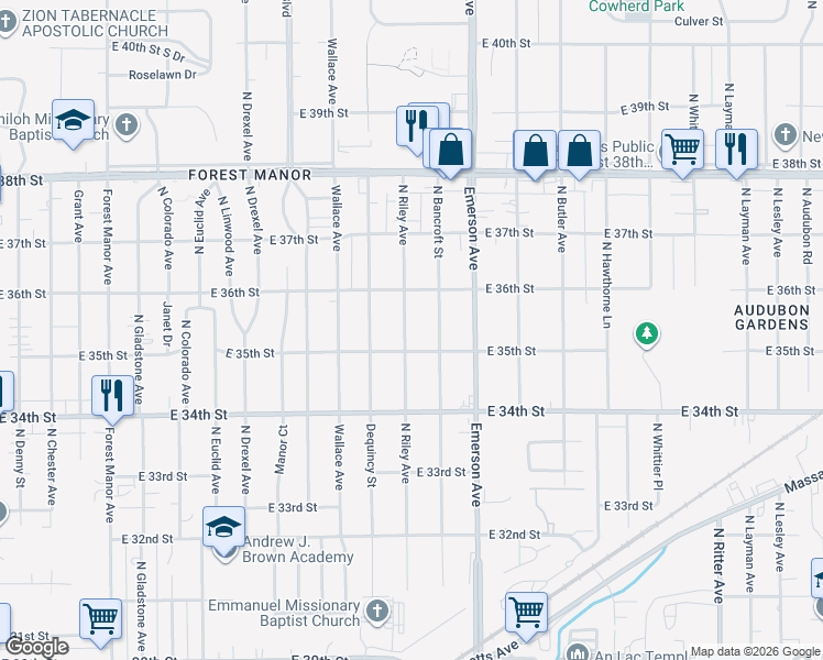 map of restaurants, bars, coffee shops, grocery stores, and more near 3514 North Riley Avenue in Indianapolis