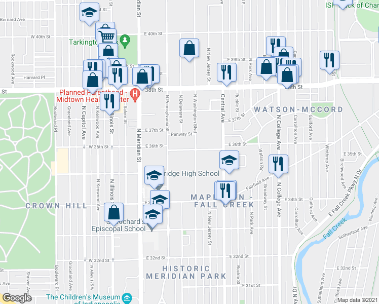 map of restaurants, bars, coffee shops, grocery stores, and more near 3550 North Washington Boulevard in Indianapolis