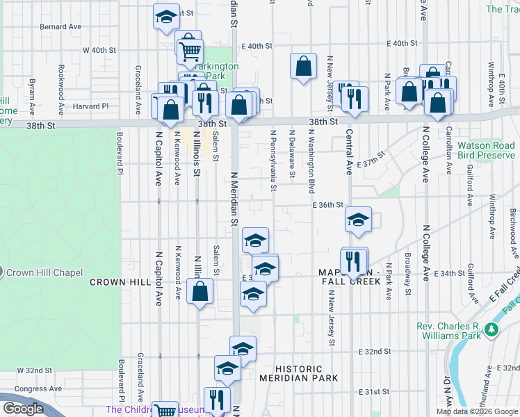 map of restaurants, bars, coffee shops, grocery stores, and more near 3540 North Pennsylvania Street in Indianapolis