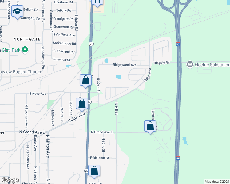 map of restaurants, bars, coffee shops, grocery stores, and more near 3401 Ridge Avenue in Springfield