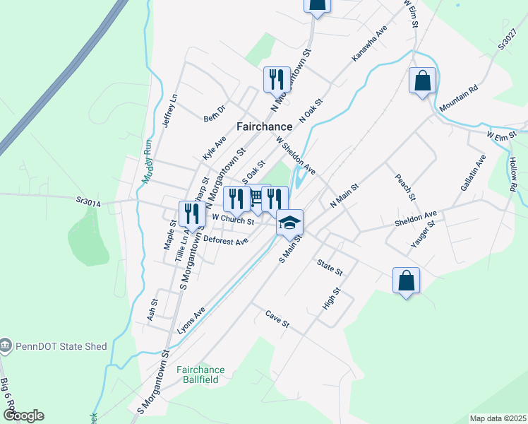 map of restaurants, bars, coffee shops, grocery stores, and more near 176 Fair Street in Fairchance