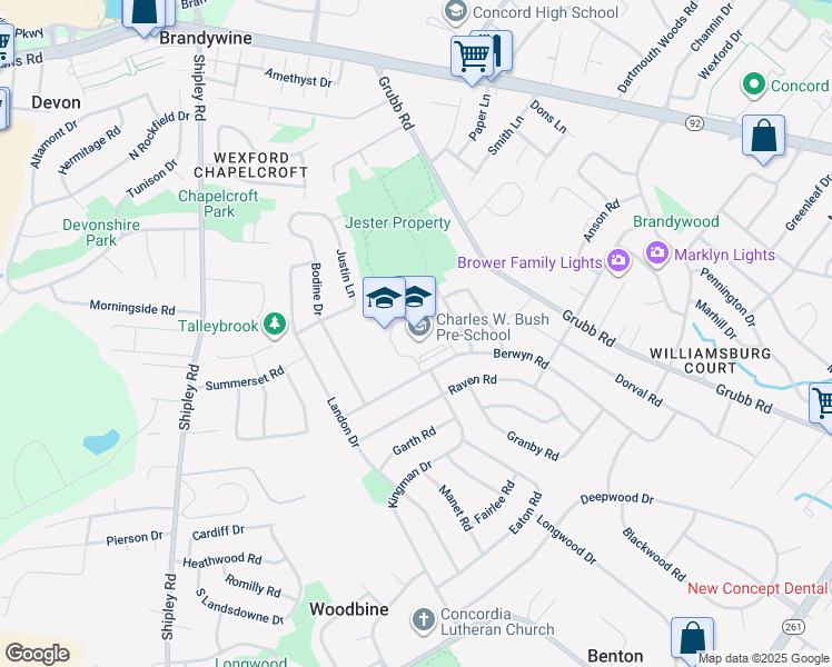 map of restaurants, bars, coffee shops, grocery stores, and more near 2523 Berwyn Road in Wilmington