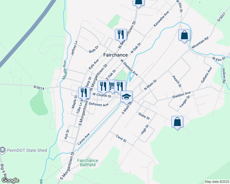 map of restaurants, bars, coffee shops, grocery stores, and more near 120 Fair Street in Fairchance