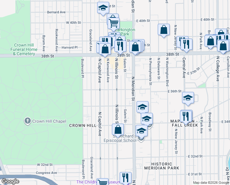 map of restaurants, bars, coffee shops, grocery stores, and more near 3550 North Illinois Street in Indianapolis