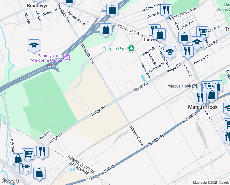 map of restaurants, bars, coffee shops, grocery stores, and more near 1429 Blueball Avenue in Linwood