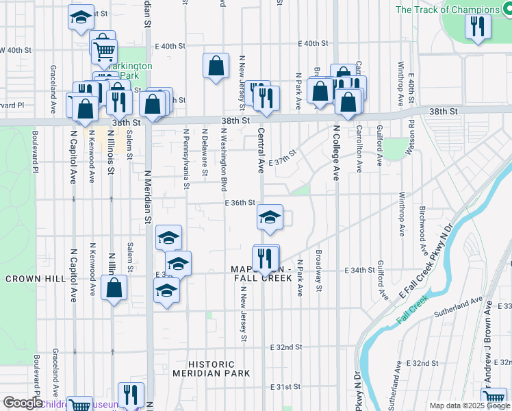 map of restaurants, bars, coffee shops, grocery stores, and more near 3547 Central Avenue in Indianapolis