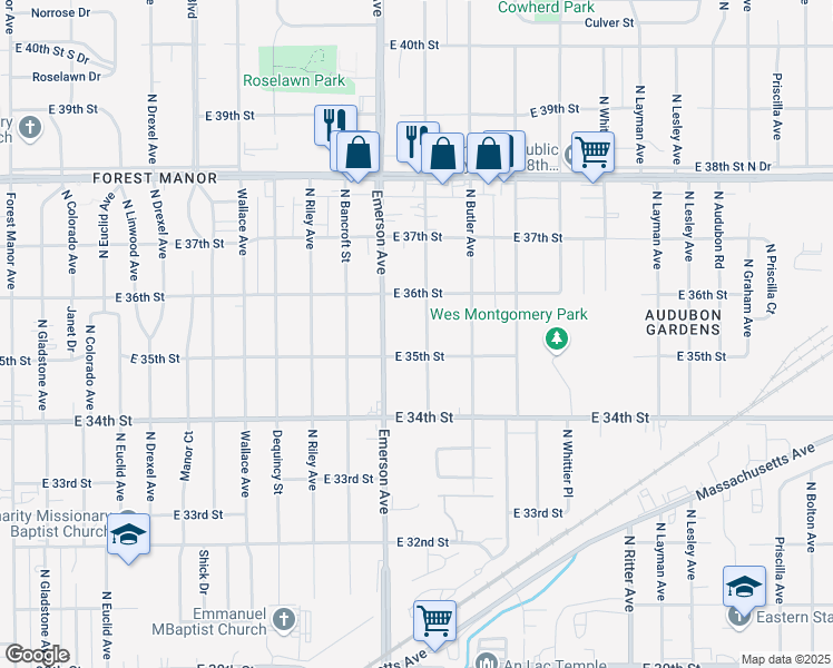 map of restaurants, bars, coffee shops, grocery stores, and more near 3516 North Leland Avenue in Indianapolis