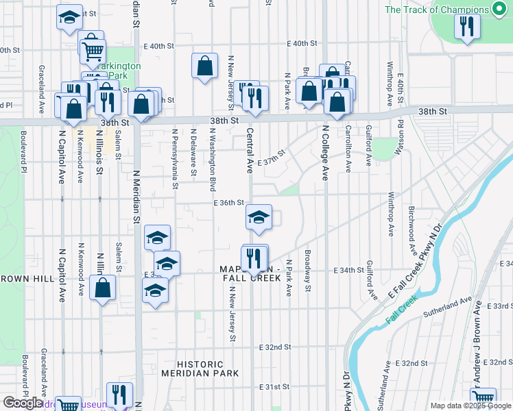 map of restaurants, bars, coffee shops, grocery stores, and more near 3547 Central Avenue in Indianapolis