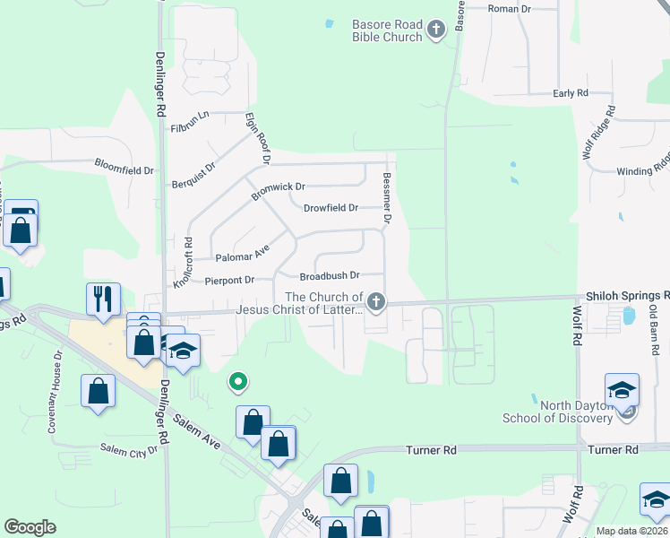 map of restaurants, bars, coffee shops, grocery stores, and more near 4436 Broadbush Drive in Trotwood