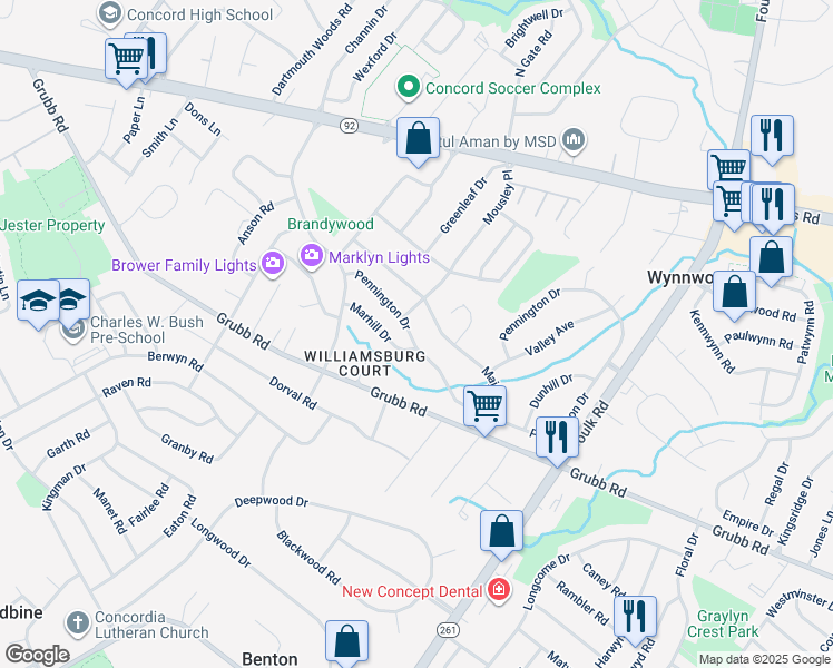 map of restaurants, bars, coffee shops, grocery stores, and more near 2621 Pennington Drive in Wilmington