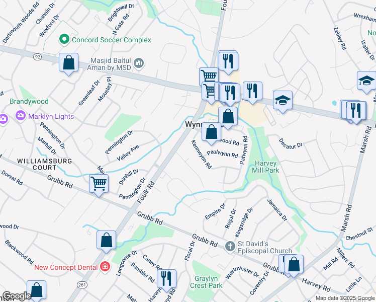 map of restaurants, bars, coffee shops, grocery stores, and more near 5 Maplewood Lane in Wilmington