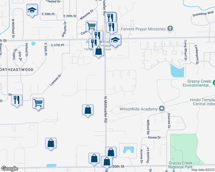 map of restaurants, bars, coffee shops, grocery stores, and more near 3515 Mitthoeffer Road in Indianapolis