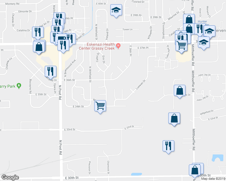 map of restaurants, bars, coffee shops, grocery stores, and more near 3532 Luewan Court in Indianapolis