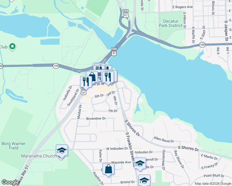 map of restaurants, bars, coffee shops, grocery stores, and more near 5 4th Drive in Decatur