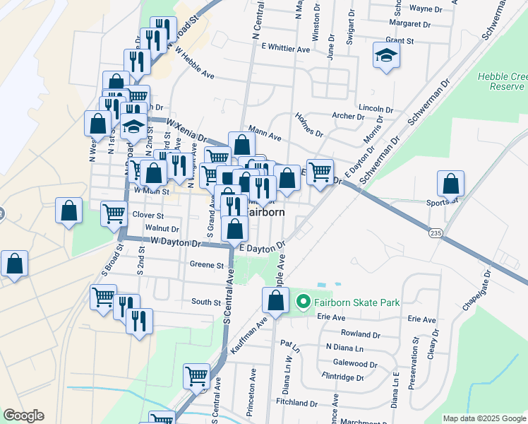 map of restaurants, bars, coffee shops, grocery stores, and more near in Fairborn