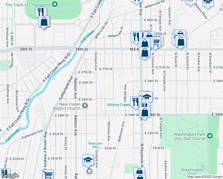 map of restaurants, bars, coffee shops, grocery stores, and more near 3517 Caroline Street in Indianapolis