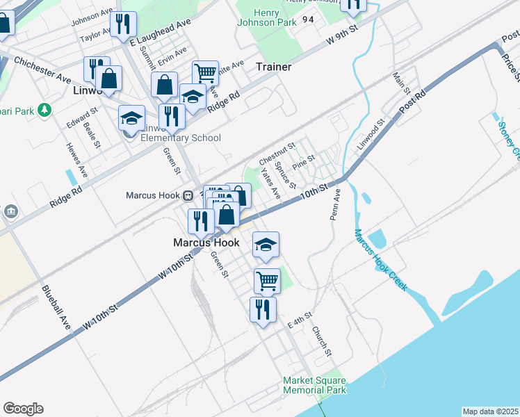 map of restaurants, bars, coffee shops, grocery stores, and more near in Marcus Hook