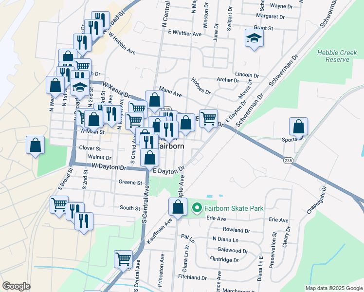 map of restaurants, bars, coffee shops, grocery stores, and more near 24 South Maple Avenue in Fairborn
