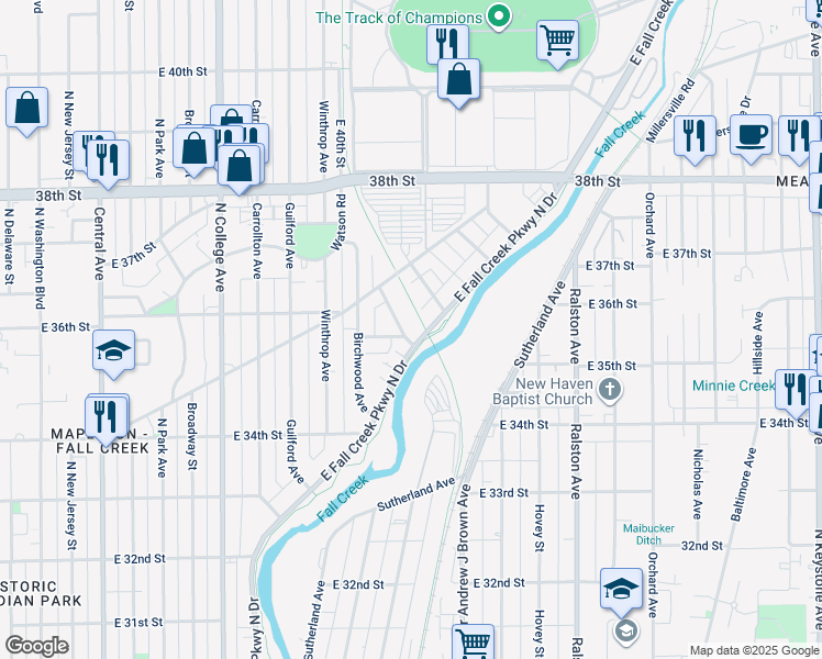 map of restaurants, bars, coffee shops, grocery stores, and more near 3496 East Fall Creek Parkway North Drive in Indianapolis