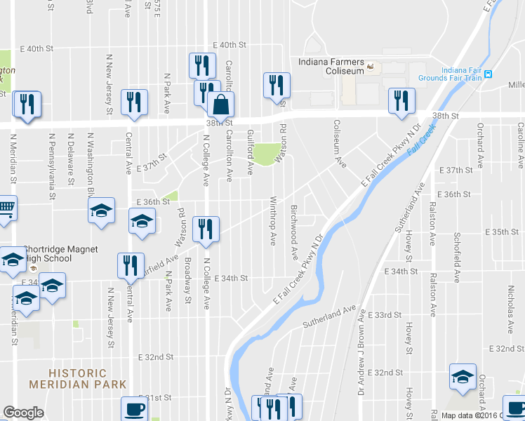 map of restaurants, bars, coffee shops, grocery stores, and more near 3531 Guilford Avenue in Indianapolis