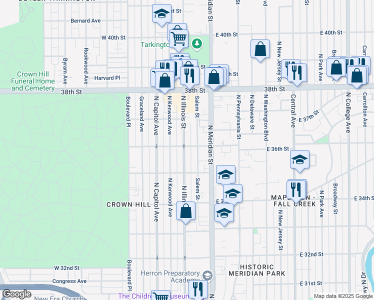 map of restaurants, bars, coffee shops, grocery stores, and more near 3538 Salem Street in Indianapolis