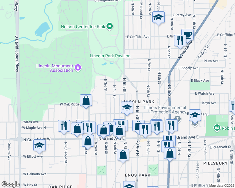 map of restaurants, bars, coffee shops, grocery stores, and more near 1454 North 4th Street in Springfield