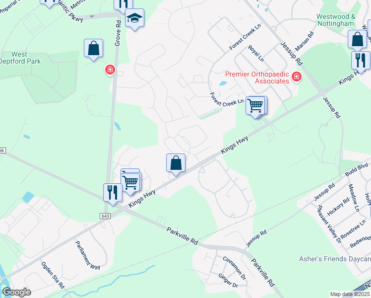 map of restaurants, bars, coffee shops, grocery stores, and more near 1000 Buckingham Drive in West Deptford