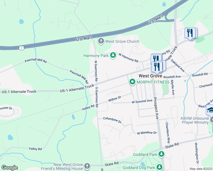 map of restaurants, bars, coffee shops, grocery stores, and more near 258 West Evergreen Street in West Grove