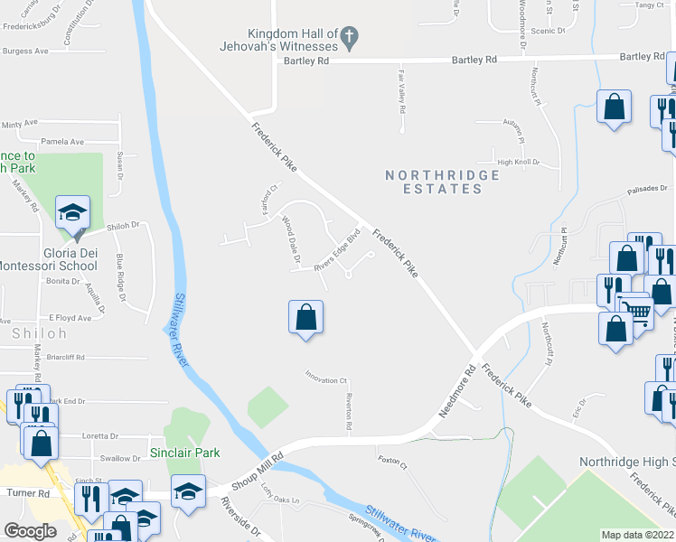 map of restaurants, bars, coffee shops, grocery stores, and more near 17 Mark Twain Court in Dayton