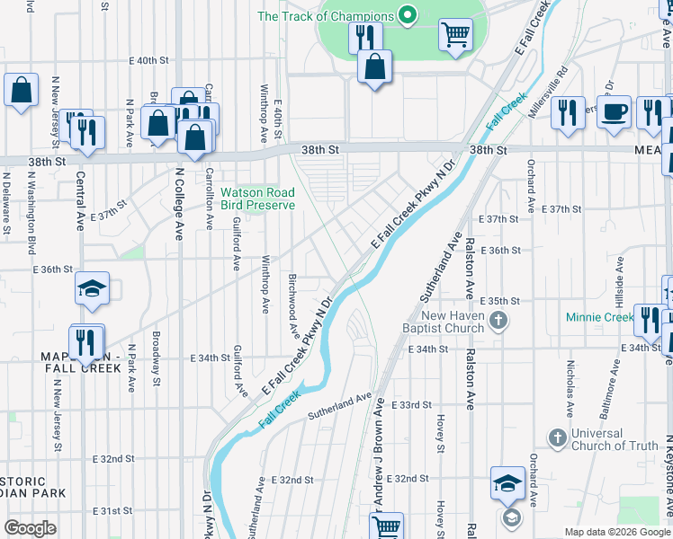 map of restaurants, bars, coffee shops, grocery stores, and more near 3496 East Fall Creek Parkway North Drive in Indianapolis