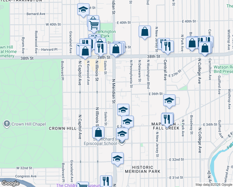 map of restaurants, bars, coffee shops, grocery stores, and more near 1 East 36th Street in Indianapolis