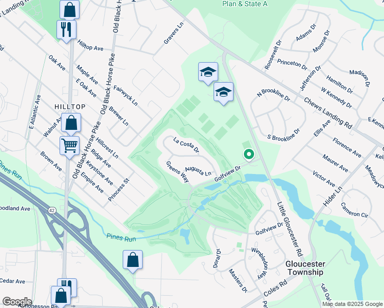 map of restaurants, bars, coffee shops, grocery stores, and more near 47 La Costa Drive in Camden County