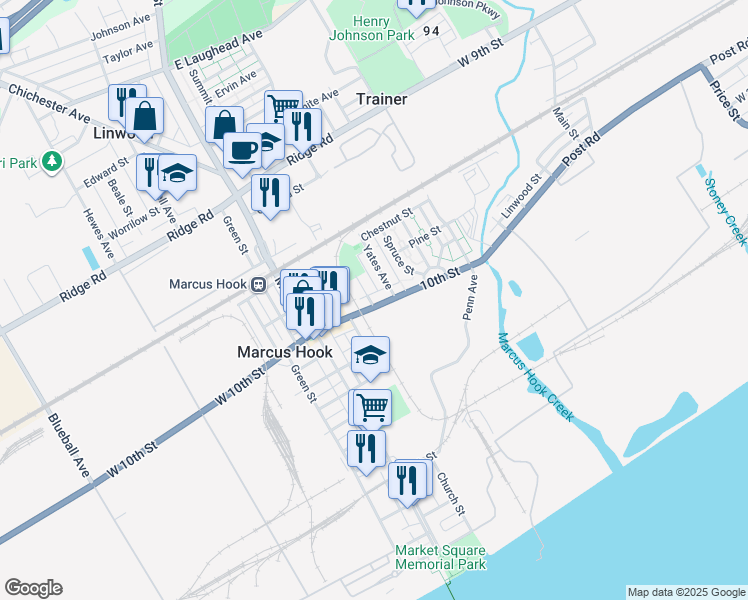 map of restaurants, bars, coffee shops, grocery stores, and more near 203 East 10th Street in Marcus Hook
